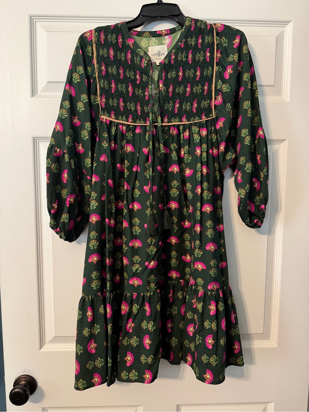 NWOT! Umgee Dark Green Floral Pleated Dress with Pink Accents
